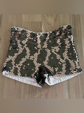 Haute Hippie Olive Green and Blush Sequin Shorts snakeskin